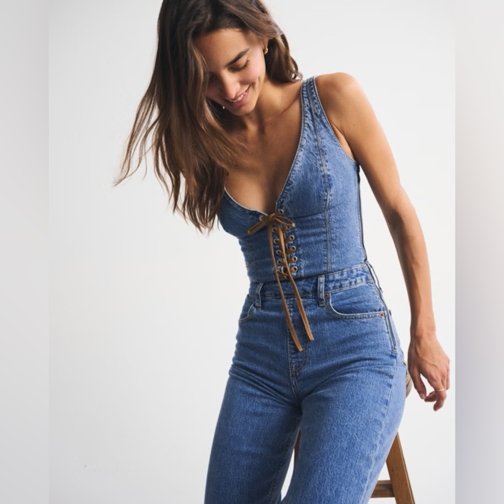Abercrombie & Fitch Blue Lace-Up Vegan Suede Jumpsuit
